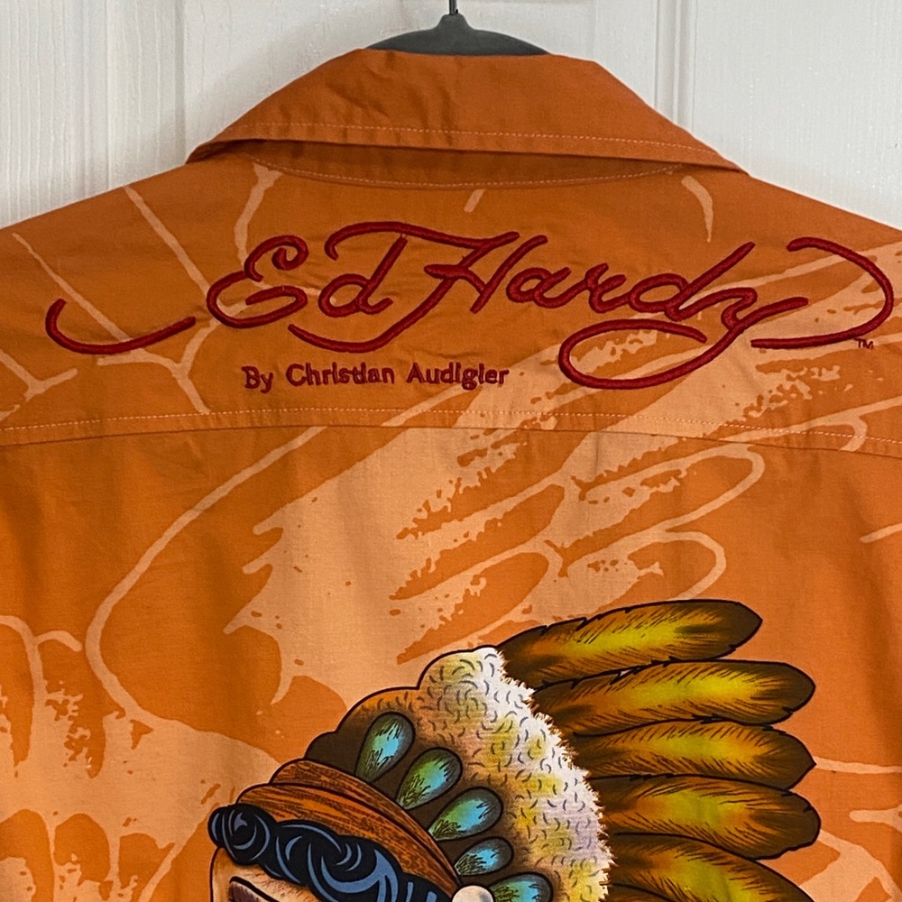 Ed Hardy Orange Tattoo Graphic Button Down Y2K Western Shirt L - Picture 10 of 16